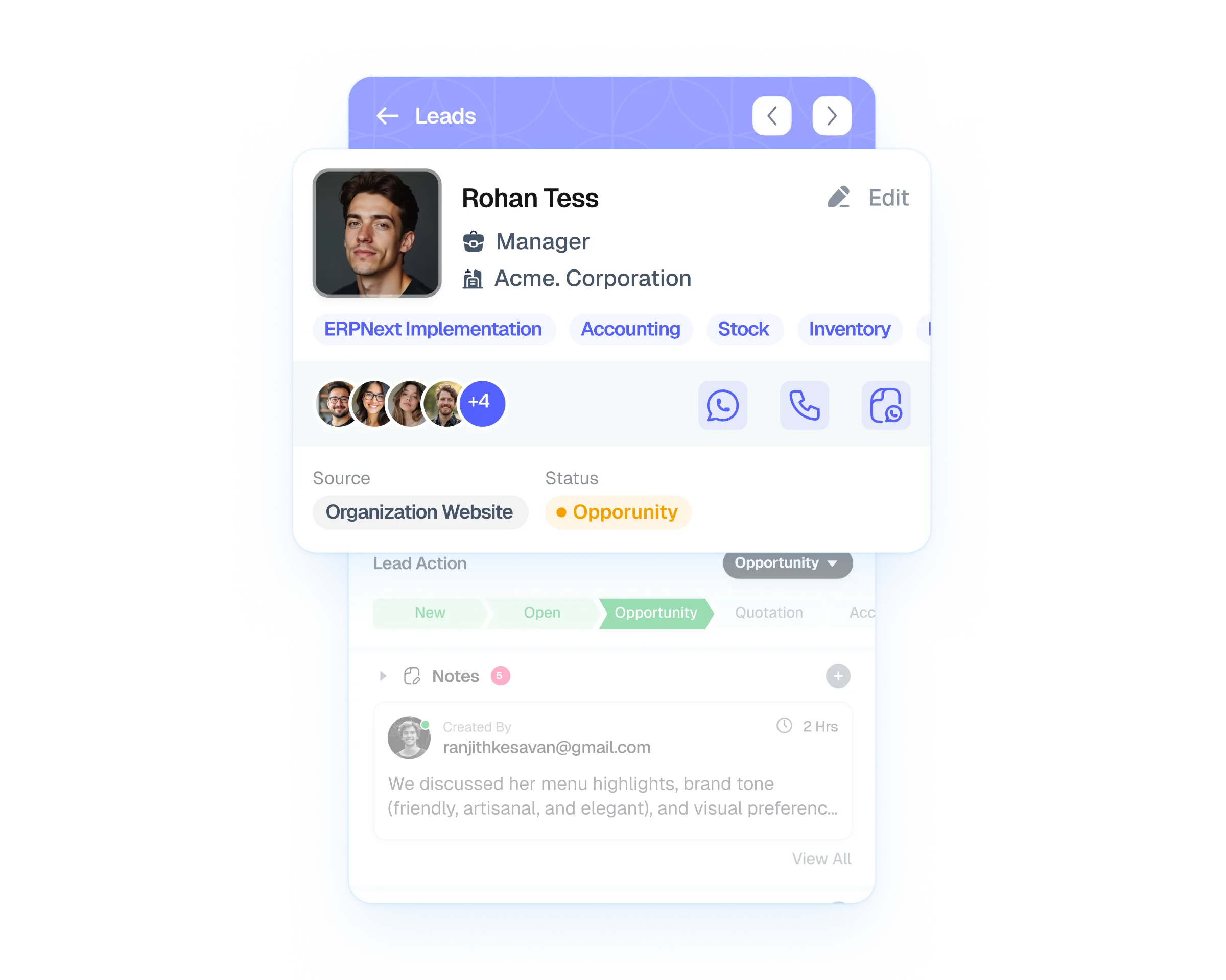 Mobile CRM lead profile view with contact details, deal tags, team members, and quick call and message actions.